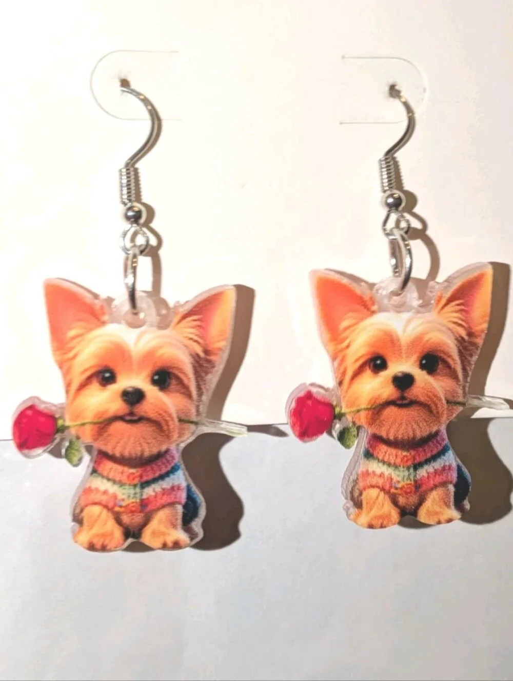 Hand Crafted Yorkie Puppy Earrings with Red Rose